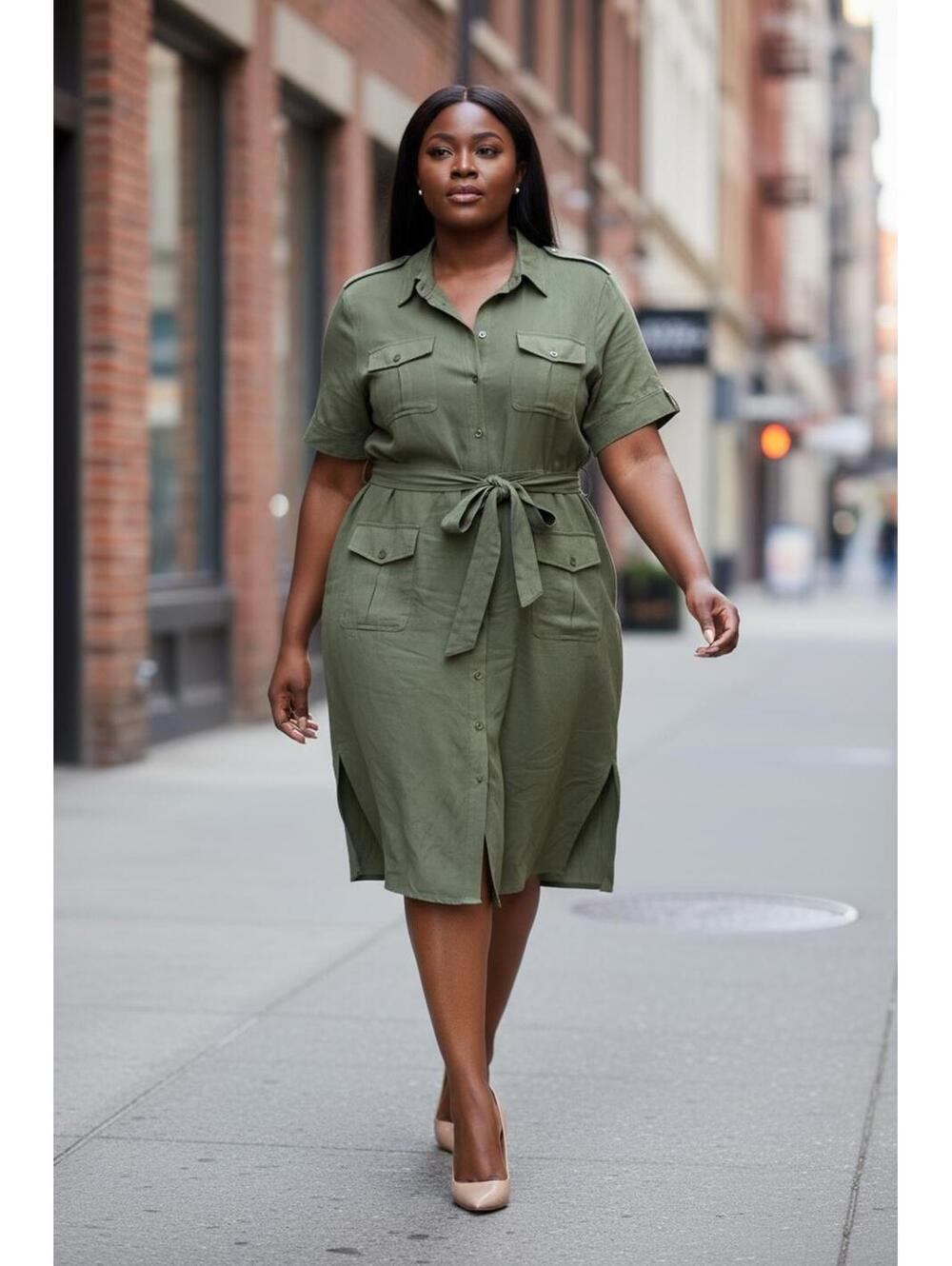 Equipment Femme Olive Green Casual Shirt Dress with Belt